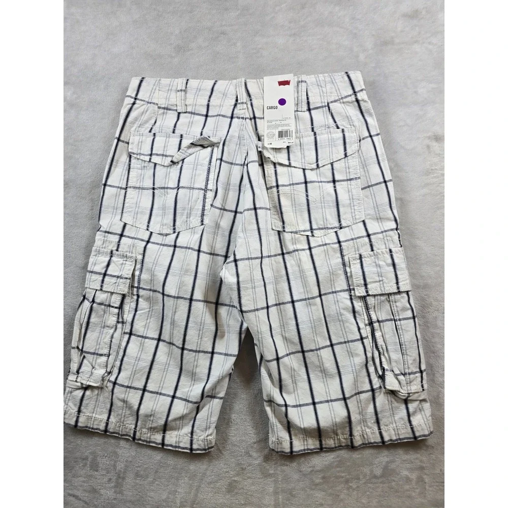 Levi's Cargo Shorts Mens 30 White Navy Plaid Cotton Relaxed Fit 505 Short NEW
